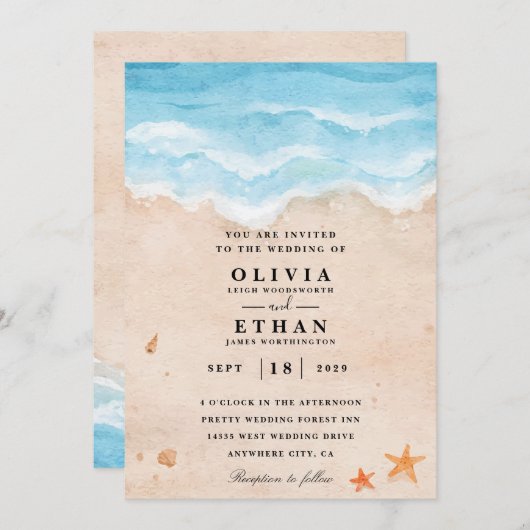 Invitations de mariage à la plage Starfish (Devant / Derrière)