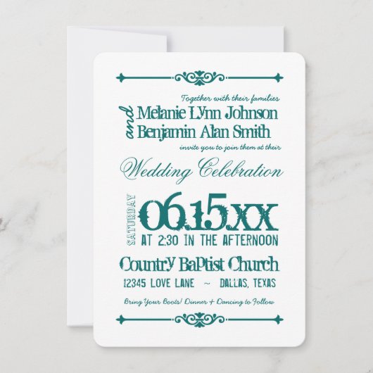 Invitations de mariage à la typographie Turquoise  (Devant)