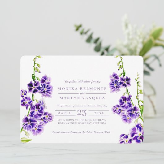 Invitations de mariage à l'aquarelle violette (Debout devant)