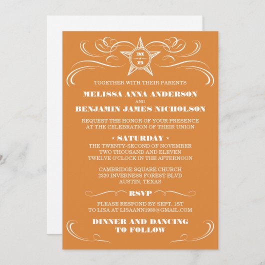 Invitations de mariage à l'orange brûlée (Devant / Derrière)