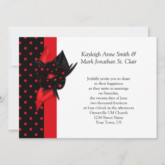 Invitations de mariage à point Polka rouge et noir (Devant)