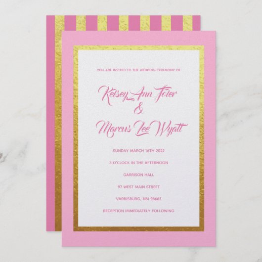 Invitations de mariage à rayures rose et or Modern (Devant / Derrière)