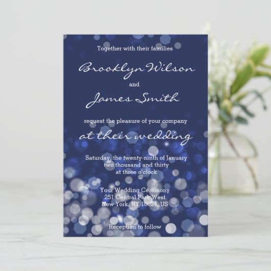 Invitations de mariage à thème d'hiver Blue Bokeh (Debout devant)