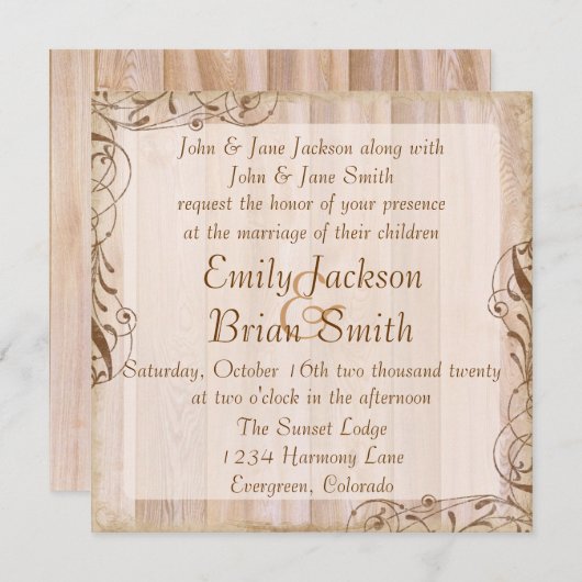 Invitations de mariage à thème marron bois rustiqu (Devant / Derrière)