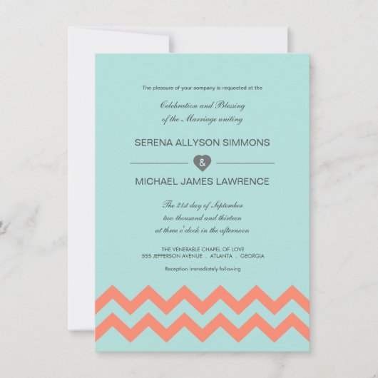 Invitations de mariage Aqua Blue & Coral Chevron (Devant)