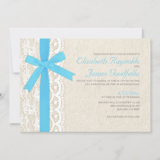 Invitations de mariage Aqua Bow et Lace (Devant)
