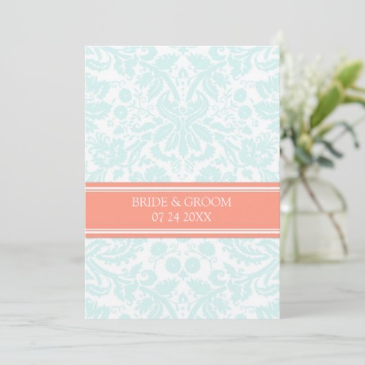 Invitations de mariage Aqua Coral Damask Pattern (Debout devant)