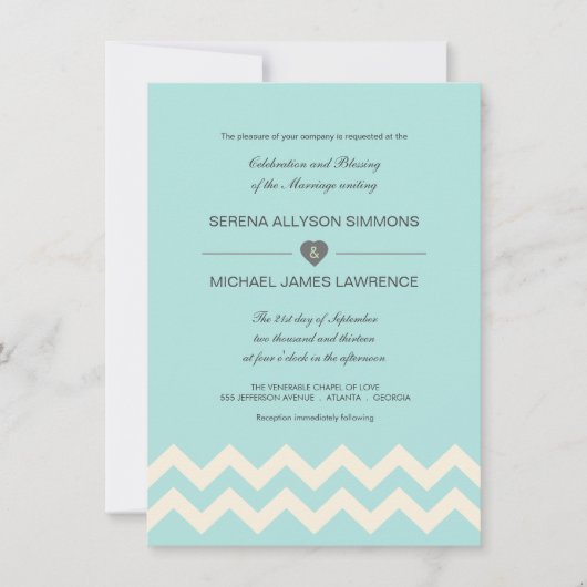 Invitations de mariage Aqual Blue et Ivory Chevron (Devant)