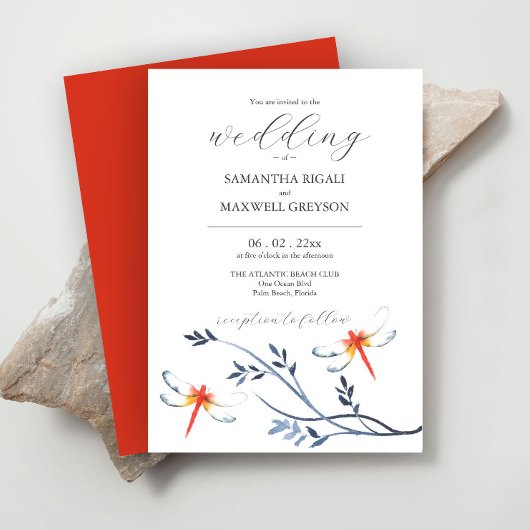 Invitations de mariage aquarelle libellules rouges