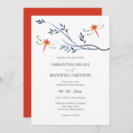 Invitations de mariage Aquarelle rouge libellule (Devant / Derrière)