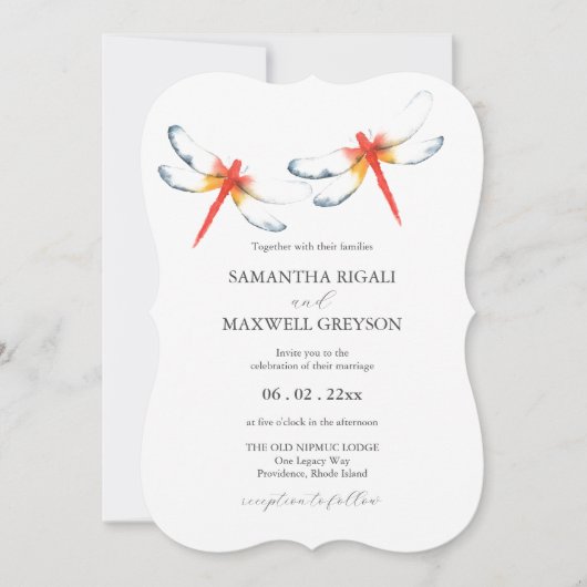 Invitations de mariage Aquarelle rouge libellule (Devant)