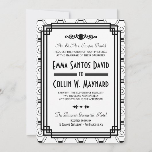 Invitations de mariage Art Déco Blanc & Noir (Devant)