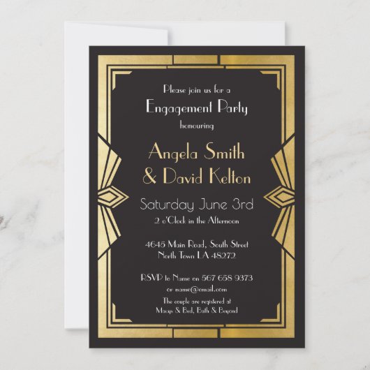 Invitations de mariage Art Déco Fiançailles Gatsby (Devant)