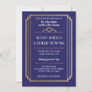 Invitations de mariage Art déco Navy & Gold 1920