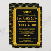 Invitations de mariage Art Déco Noir et Or (Devant / Derrière)