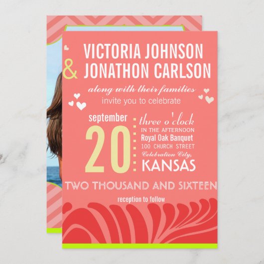 Invitations de mariage Art Déco Pêche, Lime et Ber (Devant / Derrière)