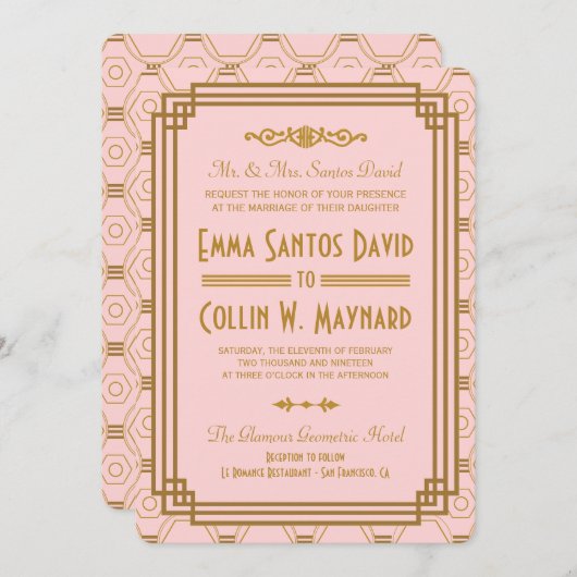 Invitations de mariage Art déco rose (Devant / Derrière)