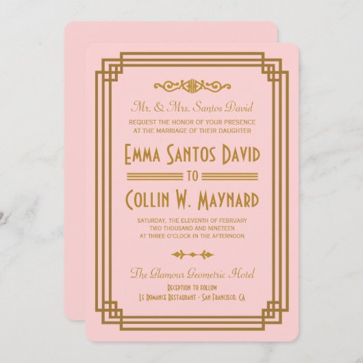 Invitations de mariage Art déco rose simple (Devant / Derrière)