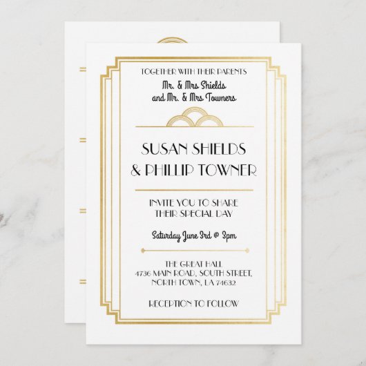 Invitations de mariage Art déco White & Gold année (Devant / Derrière)