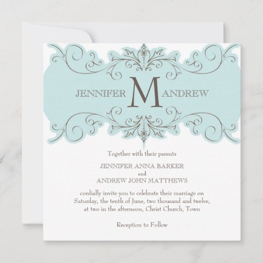 Invitations de mariage au monogramme Brown bleu (Devant)