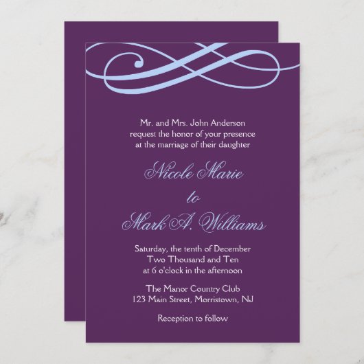 Invitations de mariage au prune et au bleu en poud (Devant / Derrière)