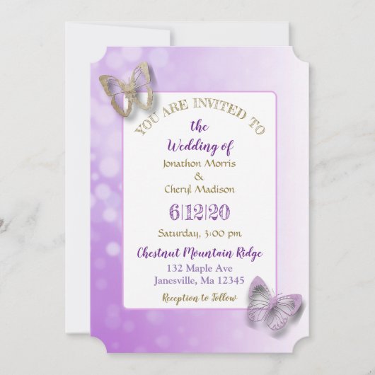 Invitations de mariage aux papillons pourpres (Devant)
