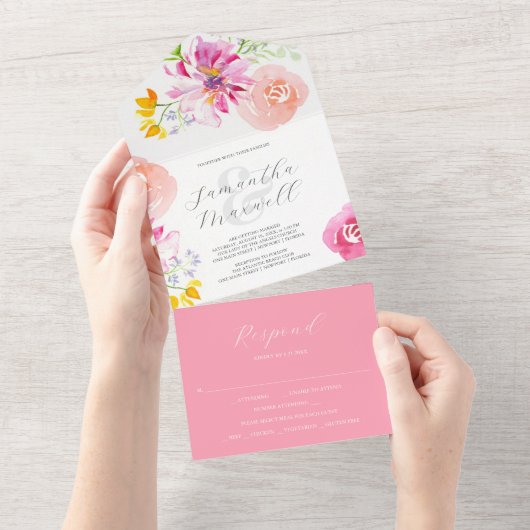 Invitations de mariage avec RSVP Card Fleurs roses (Déchirure)