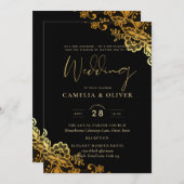 Invitations de Mariage Black Gold Lace (Devant / Derrière)