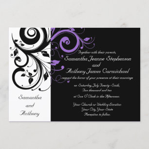 Invitations de mariage Black White Purple Swirl