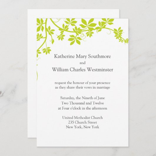 Invitations De Mariage Blanc Et Chartreuse (Devant / Derrière)