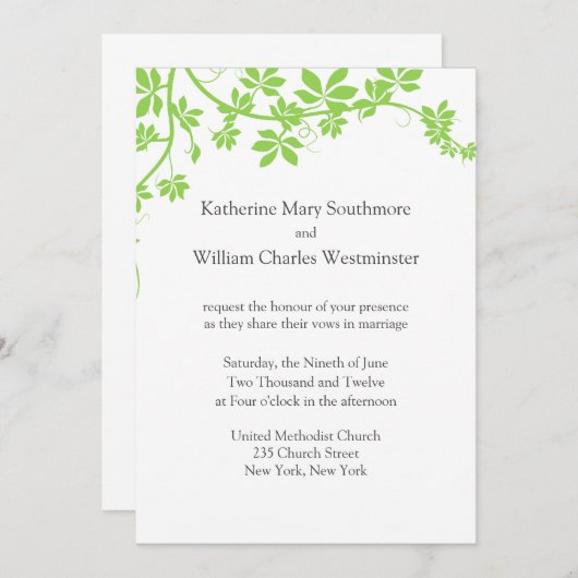 Invitations de mariage blanc et vert clair (Devant / Derrière)