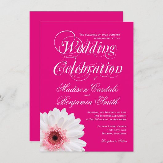 Invitations de mariage blanc rose chaud (Devant / Derrière)