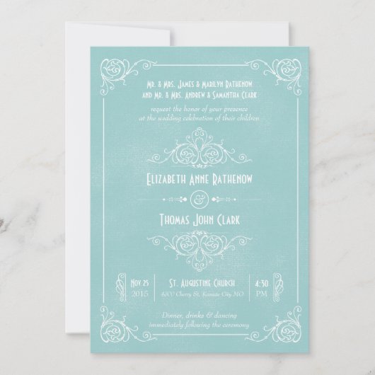 Invitations de mariage bleu Art déco vintage (Devant)