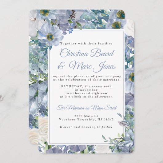 Invitations de mariage bleu Dusty (Devant / Derrière)