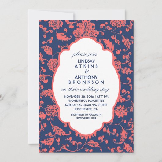 Invitations de mariage bleu et corail de la Marine (Devant)
