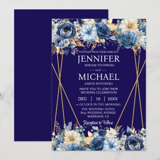 Invitations de mariage bleu et or de la Marine (Devant / Derrière)