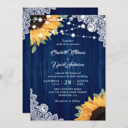 Invitations de mariage bleu et tournesol de la mar (Devant / Derrière)