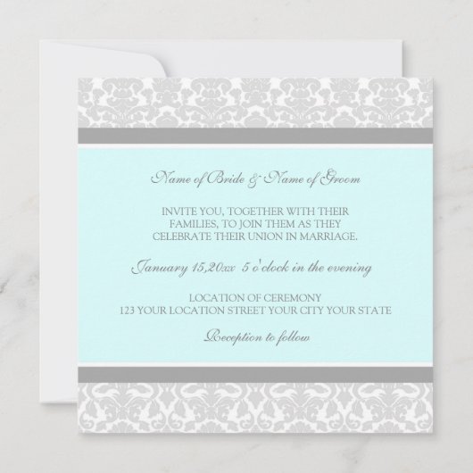 Invitations de mariage bleu gris blanc Damas (Dos)