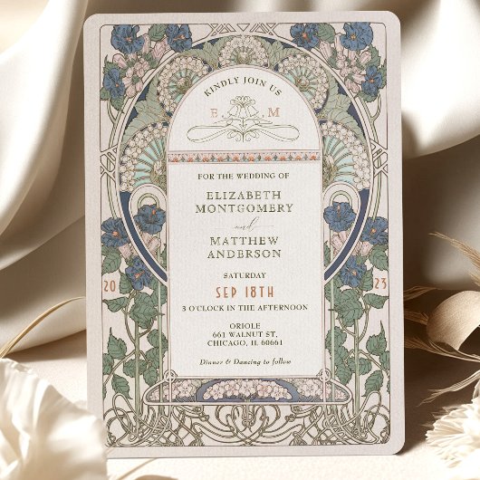 Invitations de mariage bleu marine Art Nouveau Muc