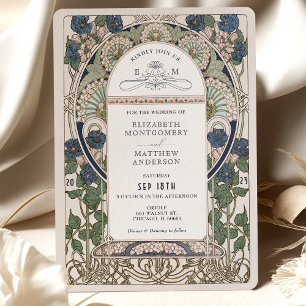 Invitations de mariage bleu marine Art Nouveau Muc