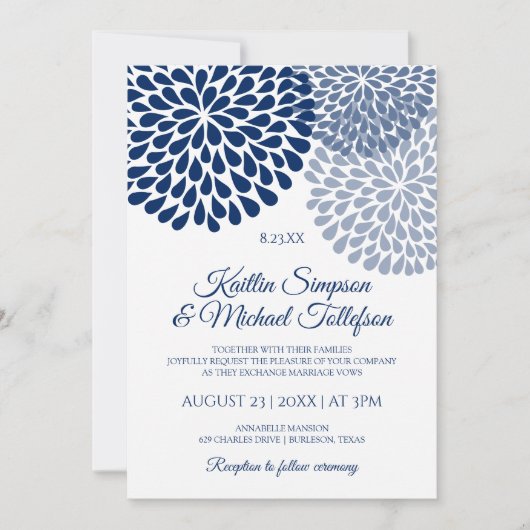 Invitations de mariage bleu marine et Dusty | Flor (Devant)