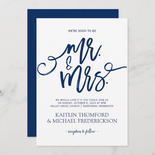 Invitations de mariage bleu marine - Script de bro (Devant / Derrière)