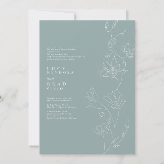Invitations de mariage bleu poussiéreux floral sim (Devant)