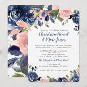 Invitations de mariage bleu rose et marine (Devant / Derrière)