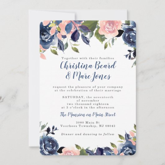 Invitations de mariage bleu rose et marine (Devant)