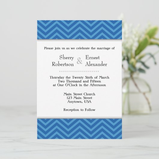 Invitations de mariage Blue Chevron (Debout devant)