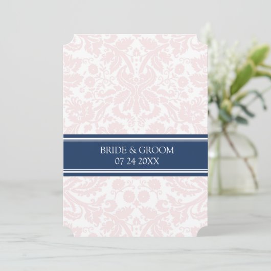 Invitations de mariage Blush Navy Blue Damask (Debout devant)