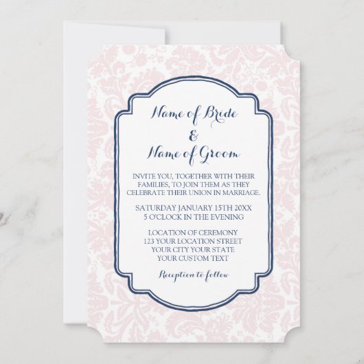 Invitations de mariage Blush Navy Blue Damask (Dos)