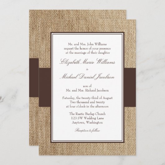 Invitations de mariage Brown à Burlap (Devant / Derrière)