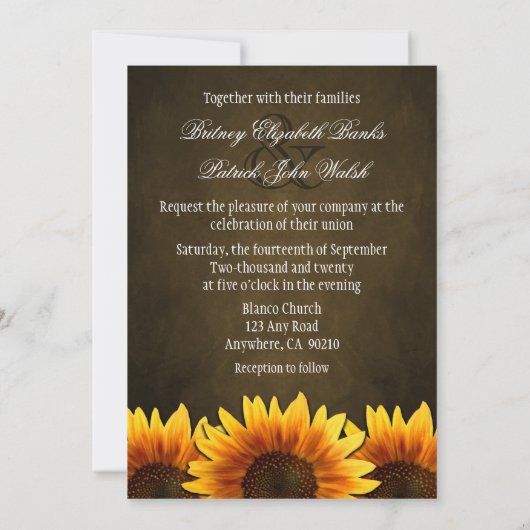 Invitations de mariage Brown de tournesol en table (Dos)